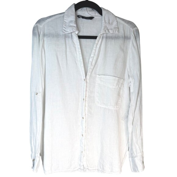 2/$30 ZARA Medium White Linen V-Neck Blouse With Button-Up Front - Picture 3 of 11